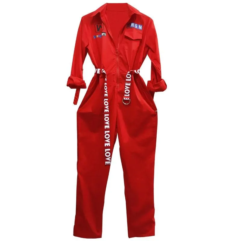 Women Jumpsuit Hip Hop Overalls With Belt Loose Jumpsuit Long Sleeve