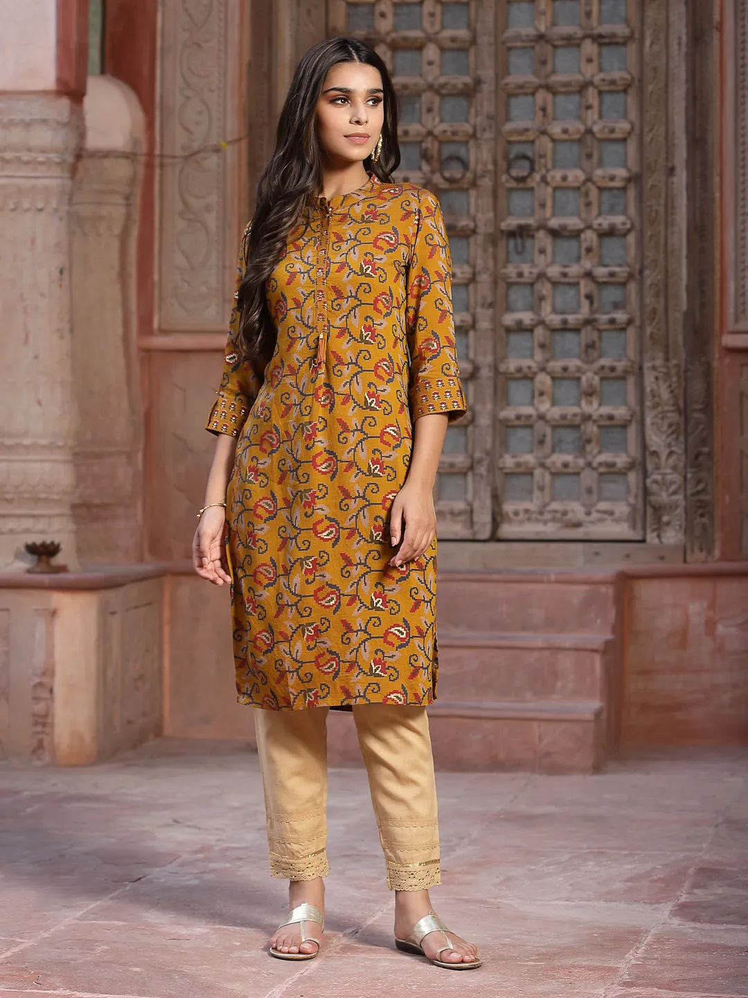 Women Mustard Muslin Printed Kurta