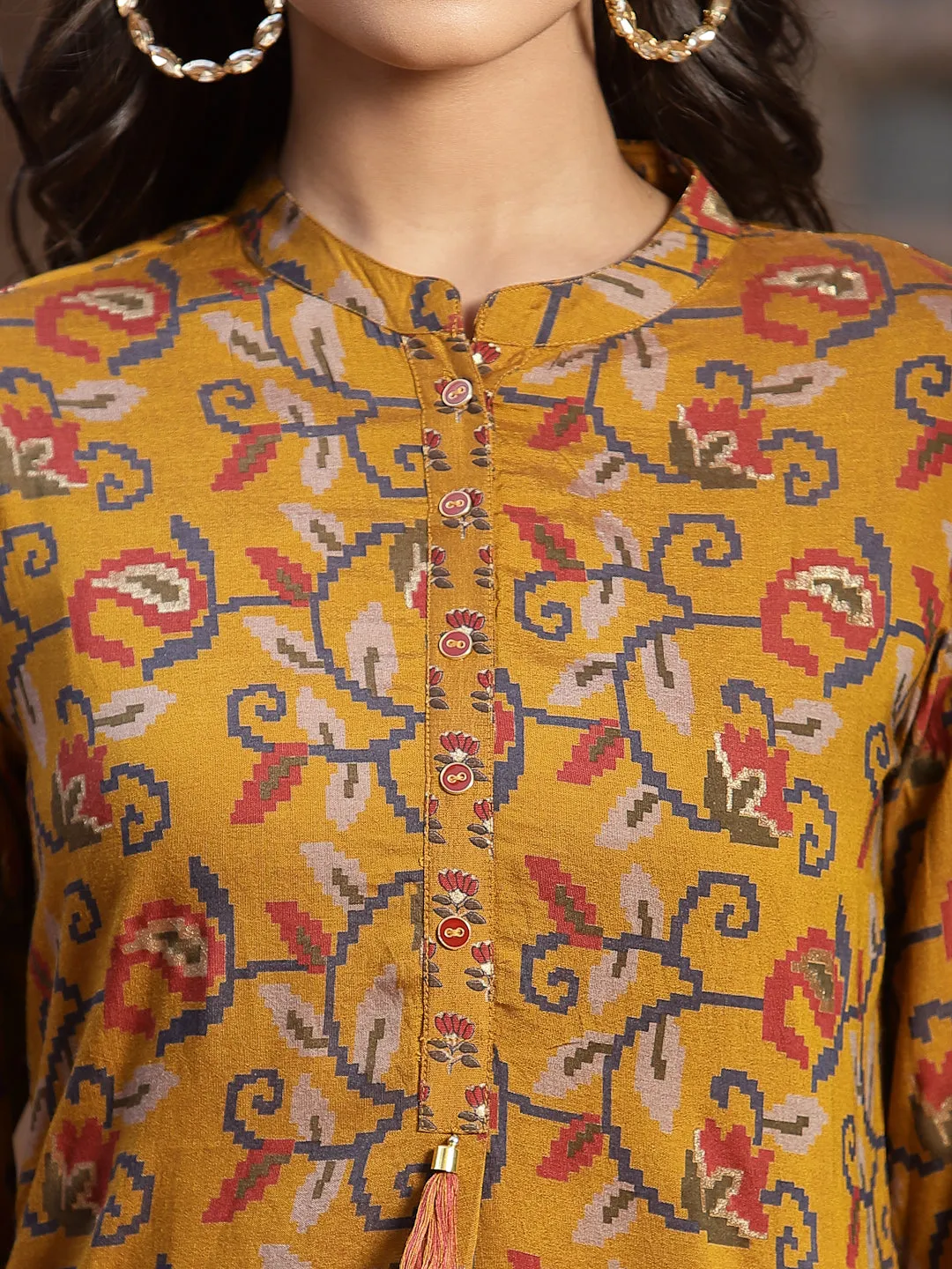 Women Mustard Muslin Printed Kurta