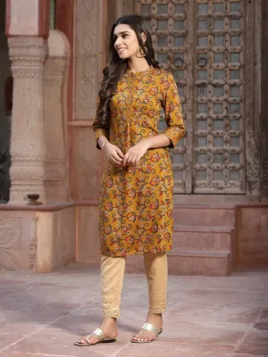 Women Mustard Muslin Printed Kurta