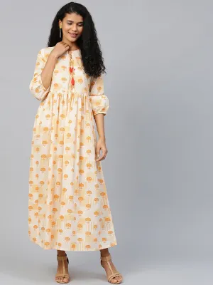 Women Off White Floral Printed Round Neck Cotton A-Line Dress