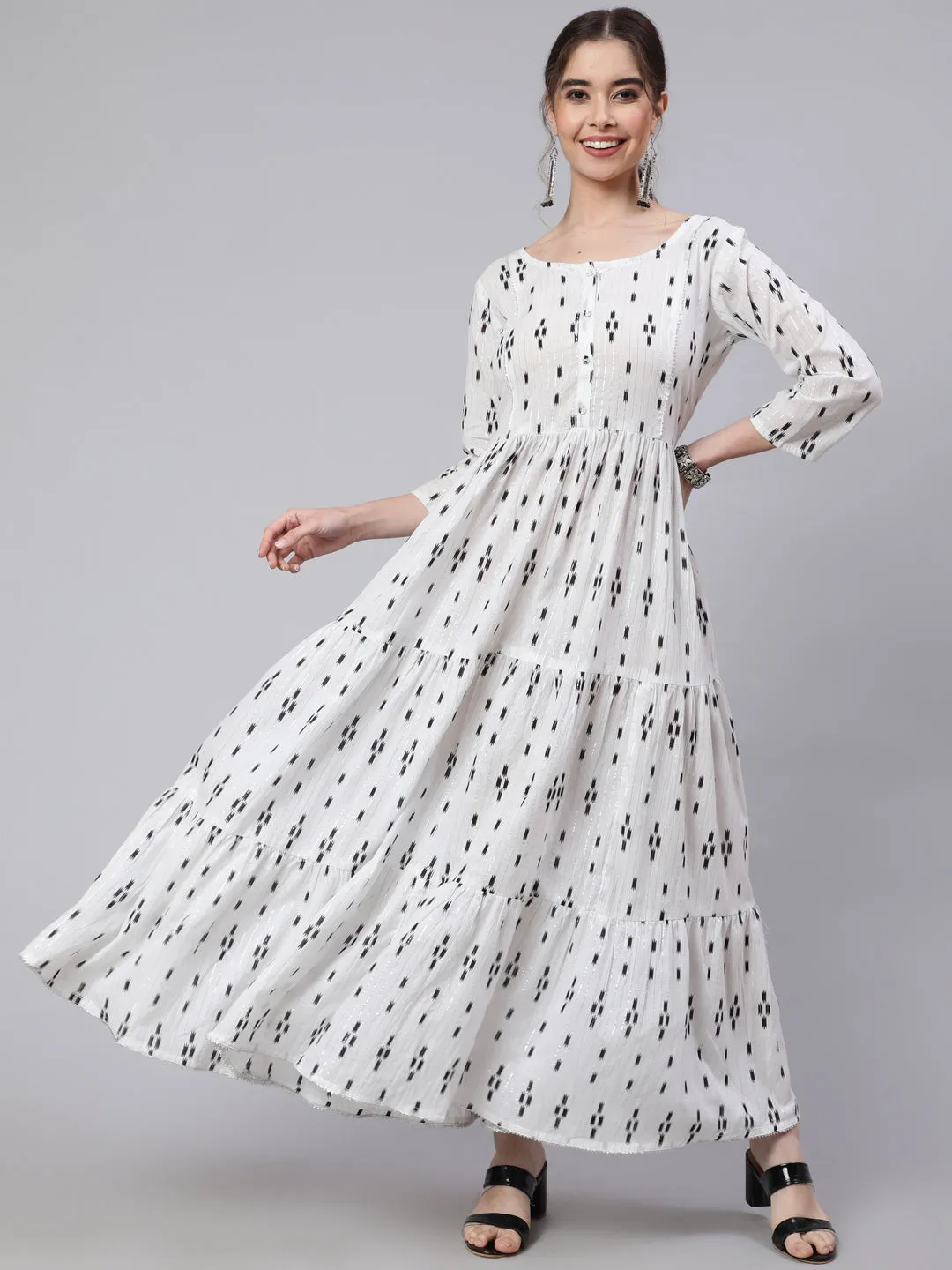 Women Off White Ikat Printed Flared Dress With Three Quarter Sleeves