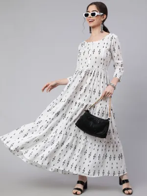 Women Off White Ikat Printed Flared Dress With Three Quarter Sleeves