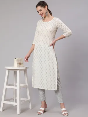 Women Off White Printed Straight Kurta With Trouser