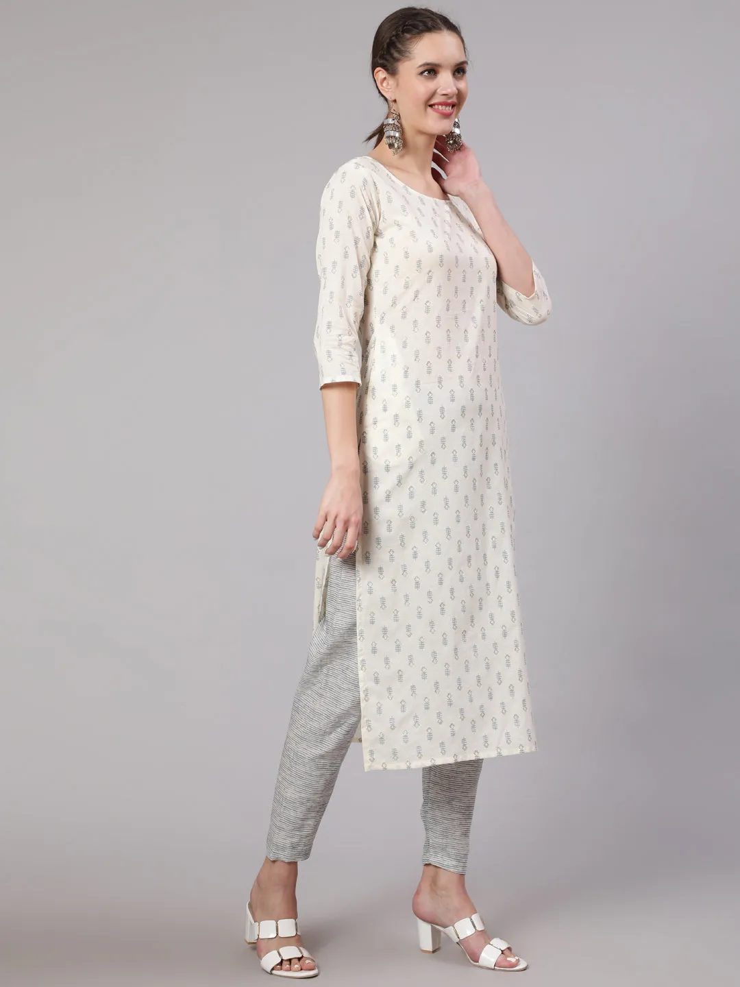 Women Off White Printed Straight Kurta With Trouser