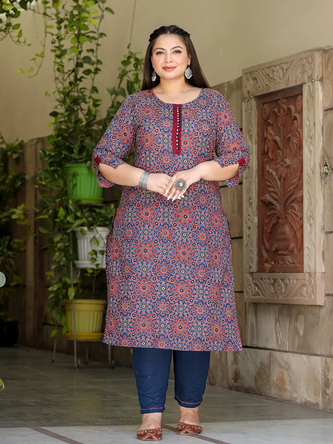 Women Plus Size Blue Pure Cotton Kurta Set