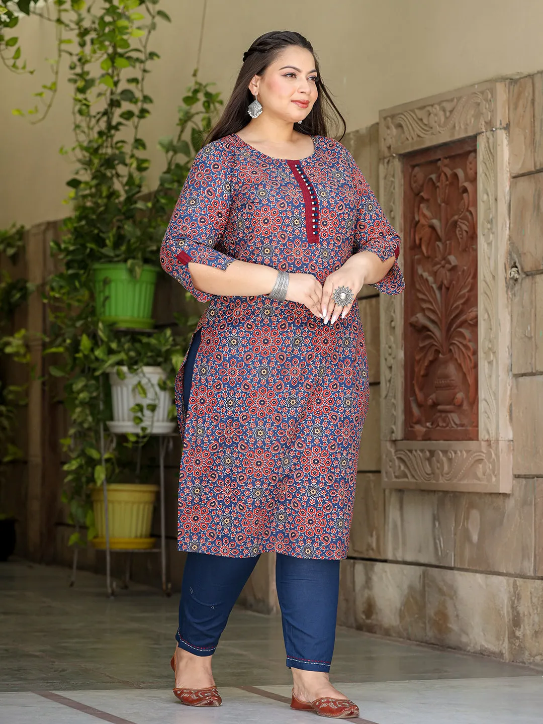 Women Plus Size Blue Pure Cotton Kurta Set