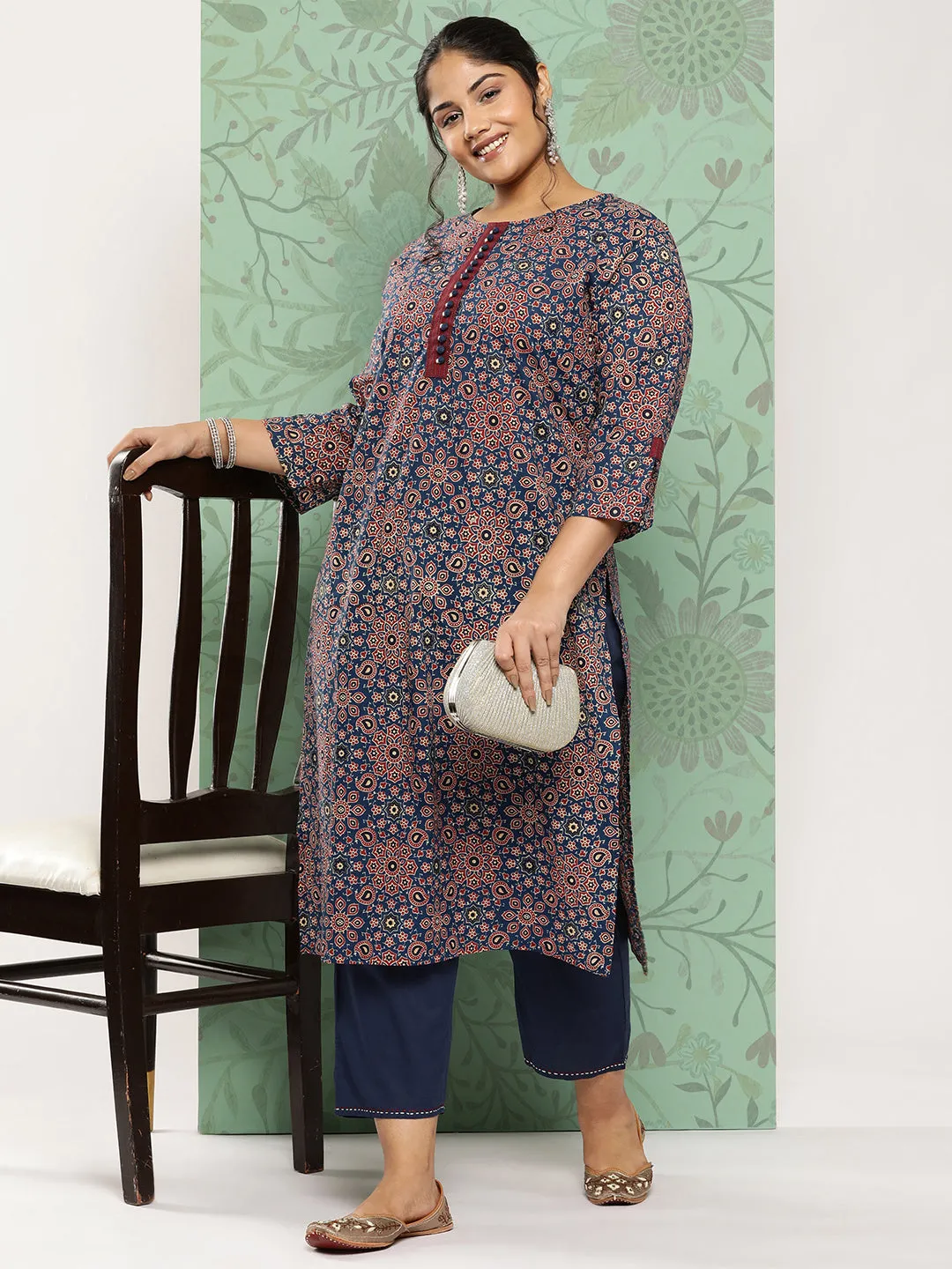 Women Plus Size Blue Pure Cotton Kurta Set