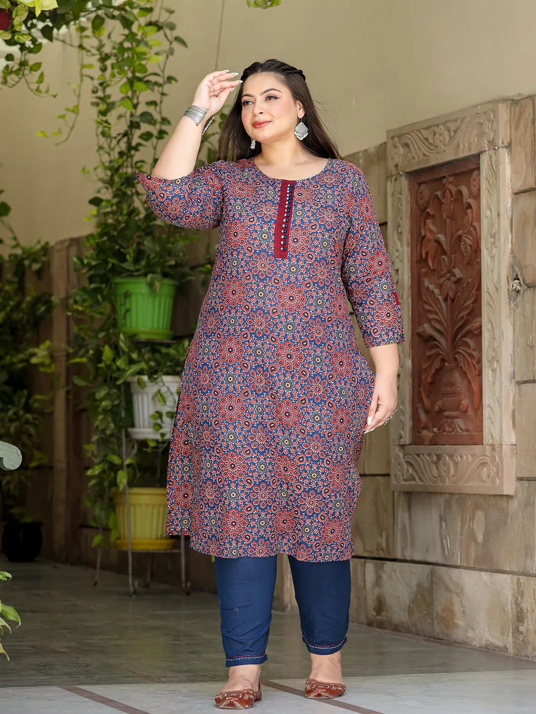 Women Plus Size Blue Pure Cotton Kurta Set