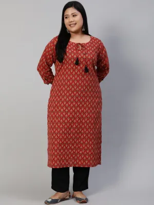 Women Red Kantha Printed Straight Kurta With Three Quarter Sleeves