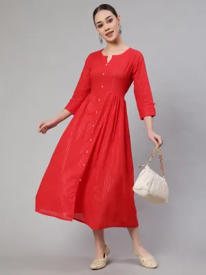 Women Red Striped Flared Dress With Three Quarter Sleeves