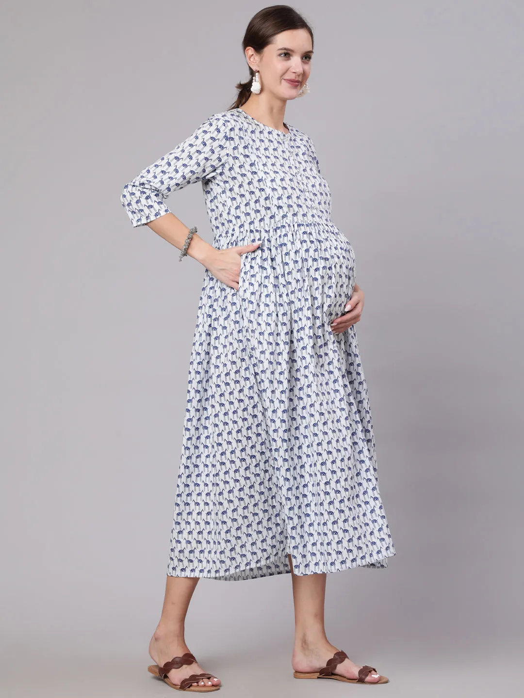 Women White And Blue Animal Printed Flared Maternity Dress